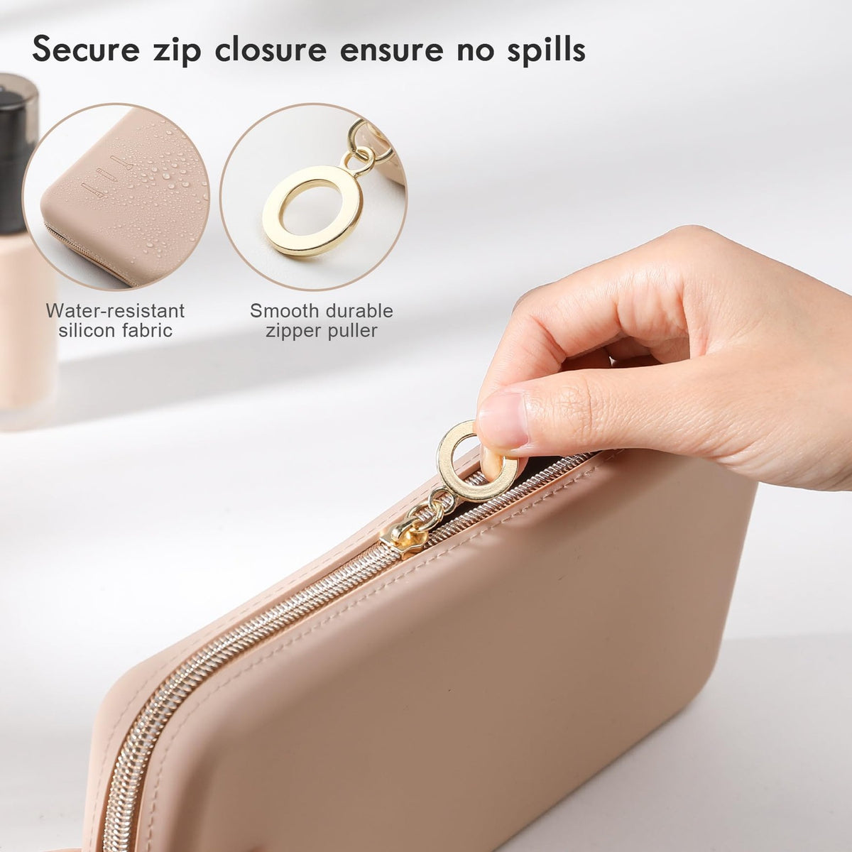 Large Silicone Makeup Brush Bag Travel Pouch with Zipper - Khaki