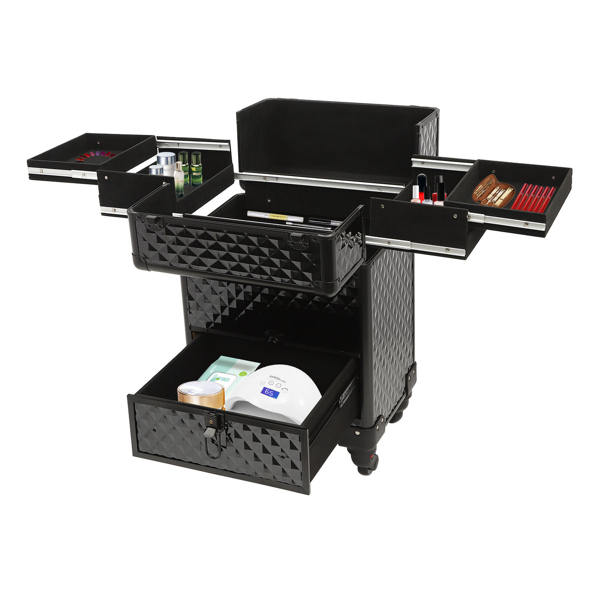 Rolling Makeup & Nail Desk Station with 7 Compartments - Black