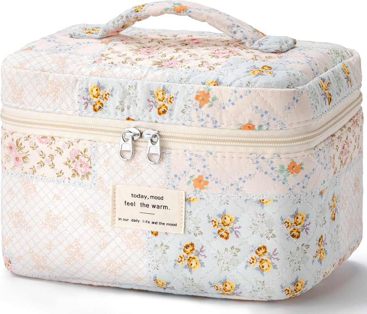 Large Quilted Travel Makeup Bag with Handle - Cotton Cosmetic Organizer