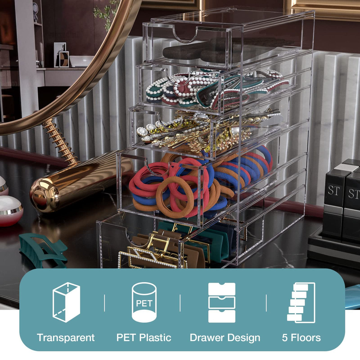 Hair Accessory Organizer Box with 5 Drawers - Clear Plastic Storage Container