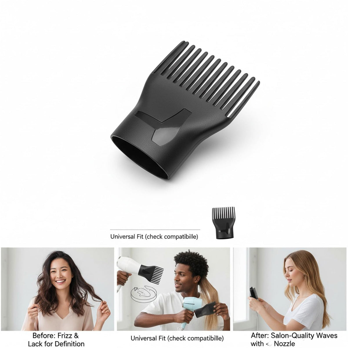 Universal Hair Dryer Nozzle 2 Pack - Concentrator & Comb Attachments, Black