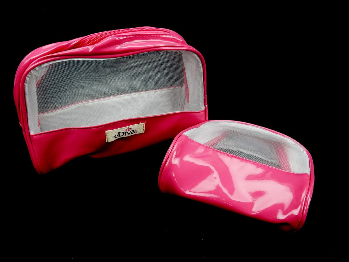 Set of 2 Vinyl Makeup Pouches - Fuschia Shell with Sheer Side Panels