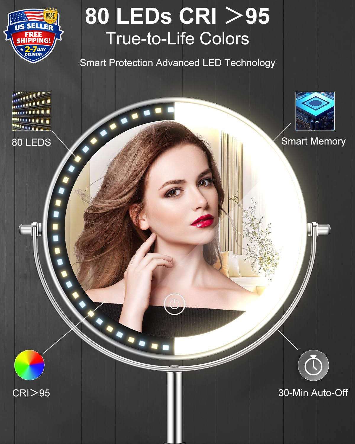 Adjustable Lighted Makeup Mirror with 30X Magnification and Rechargeable LEDs