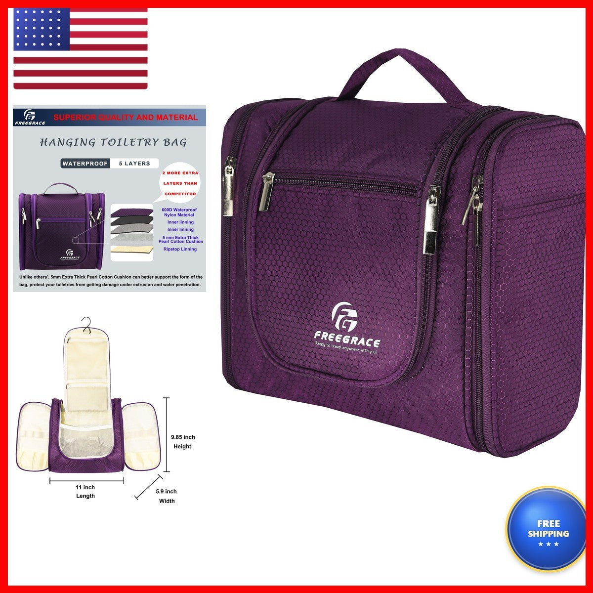 Extra Large Hanging Toiletry Bag - Travel Organizer with Purple Finish