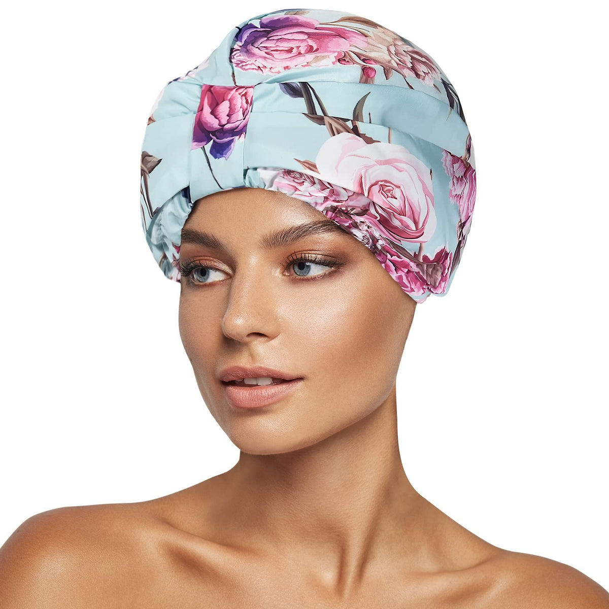 INNELO Luxury Shower Cap for Women Reusable One Size, Green-Flower