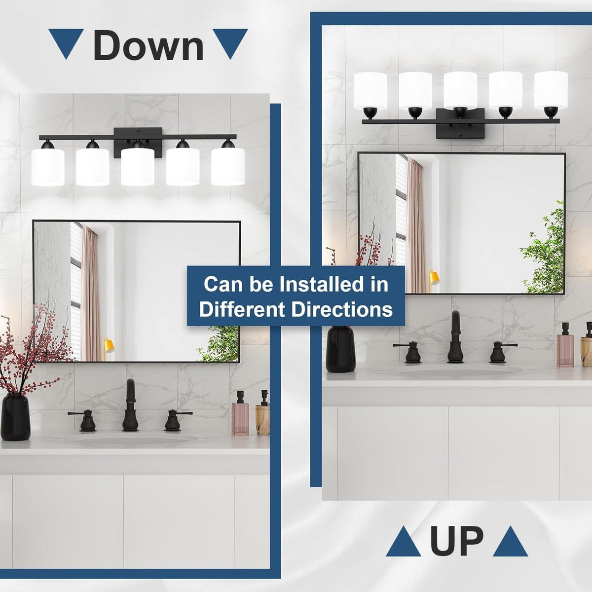 Black Bathroom Vanity Light Fixture with 5 White Glass Shades - Modern Wall Sconce