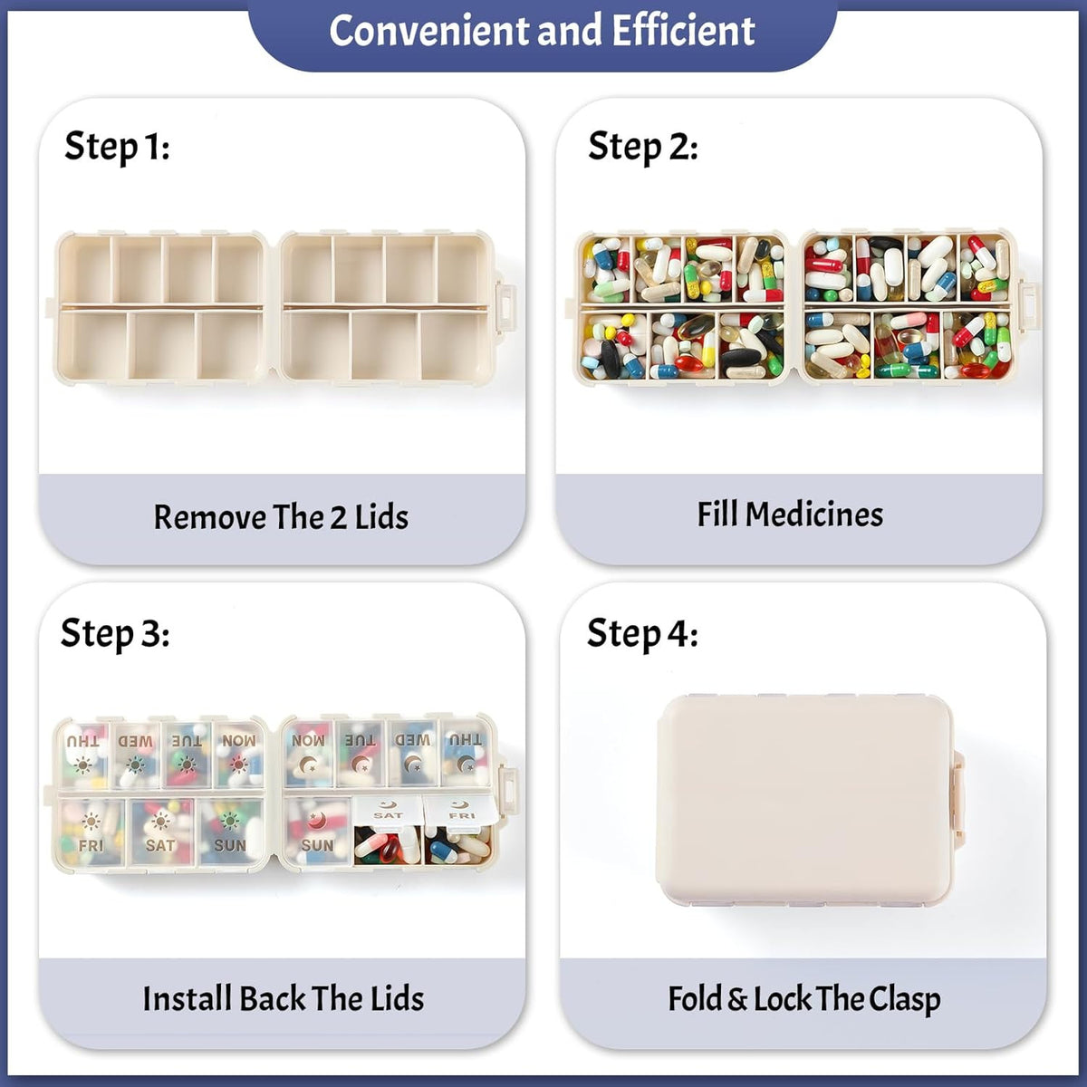 Foldable Weekly Pill Organizer with Etched Labels, 2 Doses a Day, Portable & Safe
