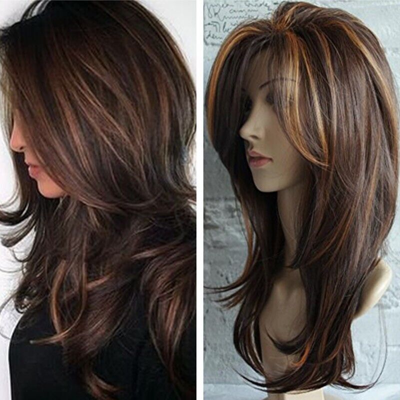 Women Dark Brown Ombre Curly Wig with Gold Highlights Shoulder Length Synthetic Hair
