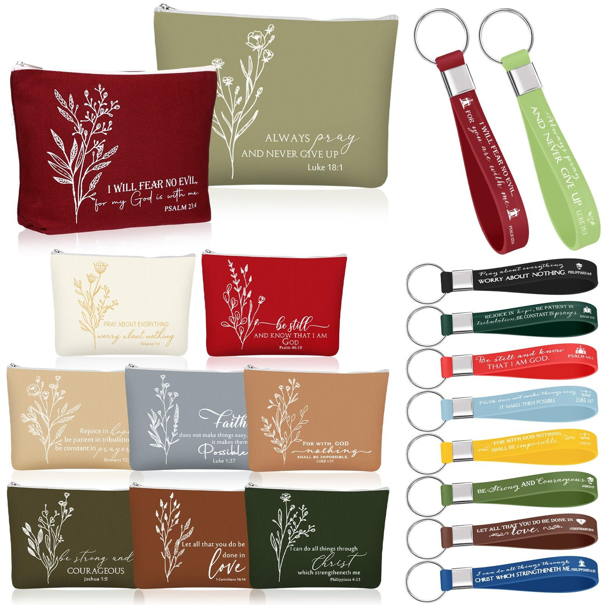 Christian Bible Keychains & Canvas Cosmetic Bags Set - Inspirational Quotes, 20 Pieces