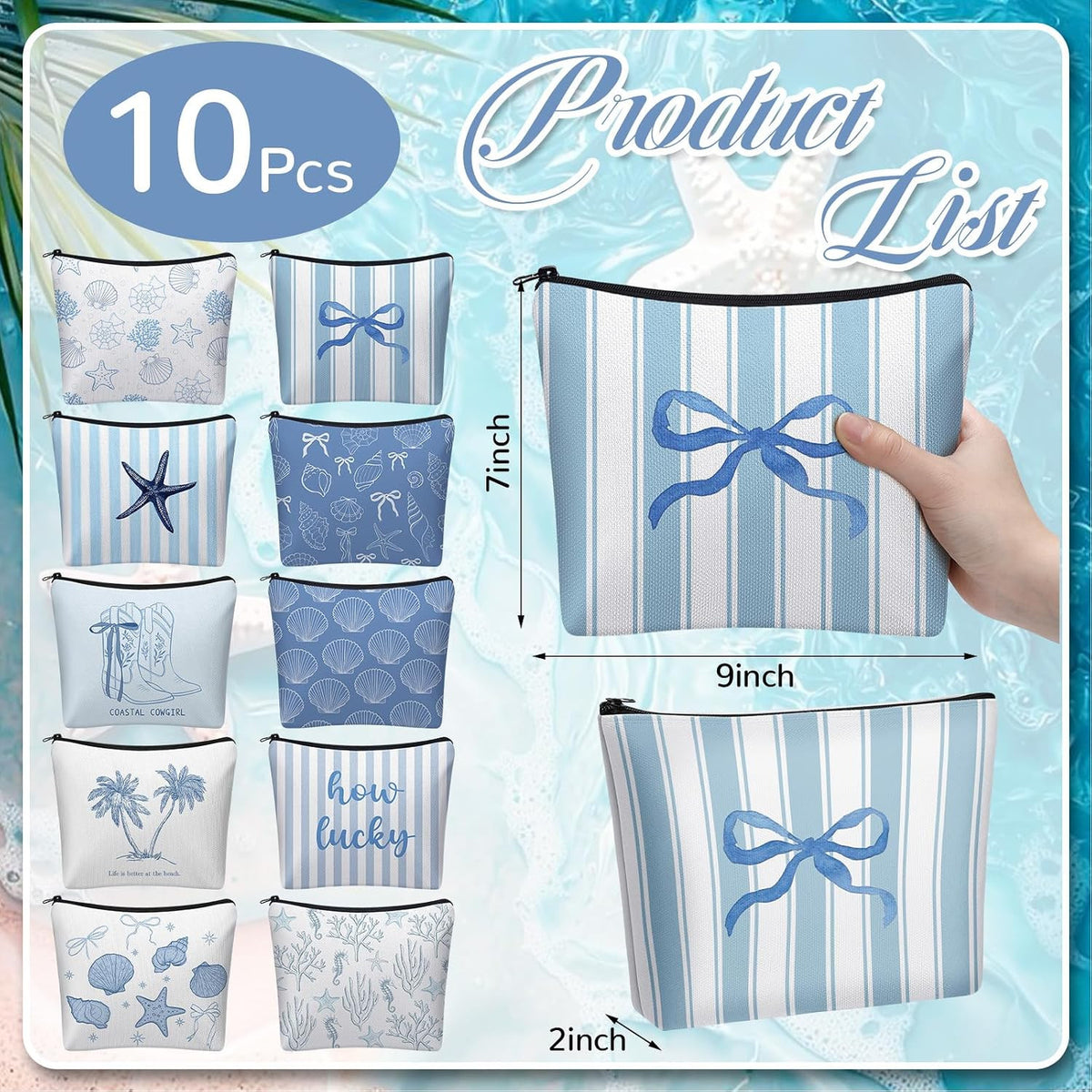 Set of 10 Ocean-Themed Makeup Bags for Cosmetics – Zipper Pouch Gift Set