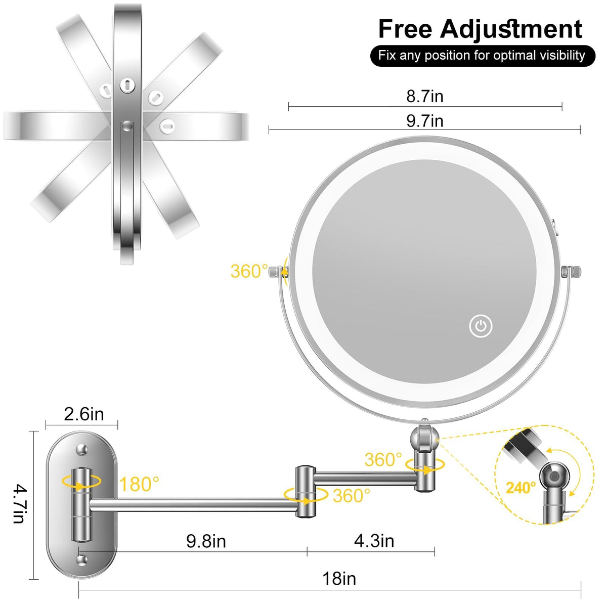 9-Inch Wall Mounted Lighted Makeup Mirror with Rechargeable Battery