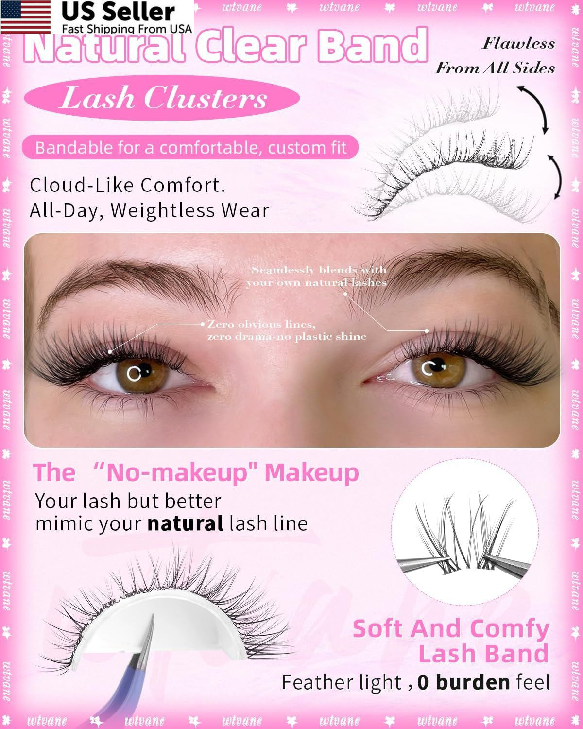 Short Clear Band Natural Lash Clusters - 8-10mm C-Curly Eyelash Extensions