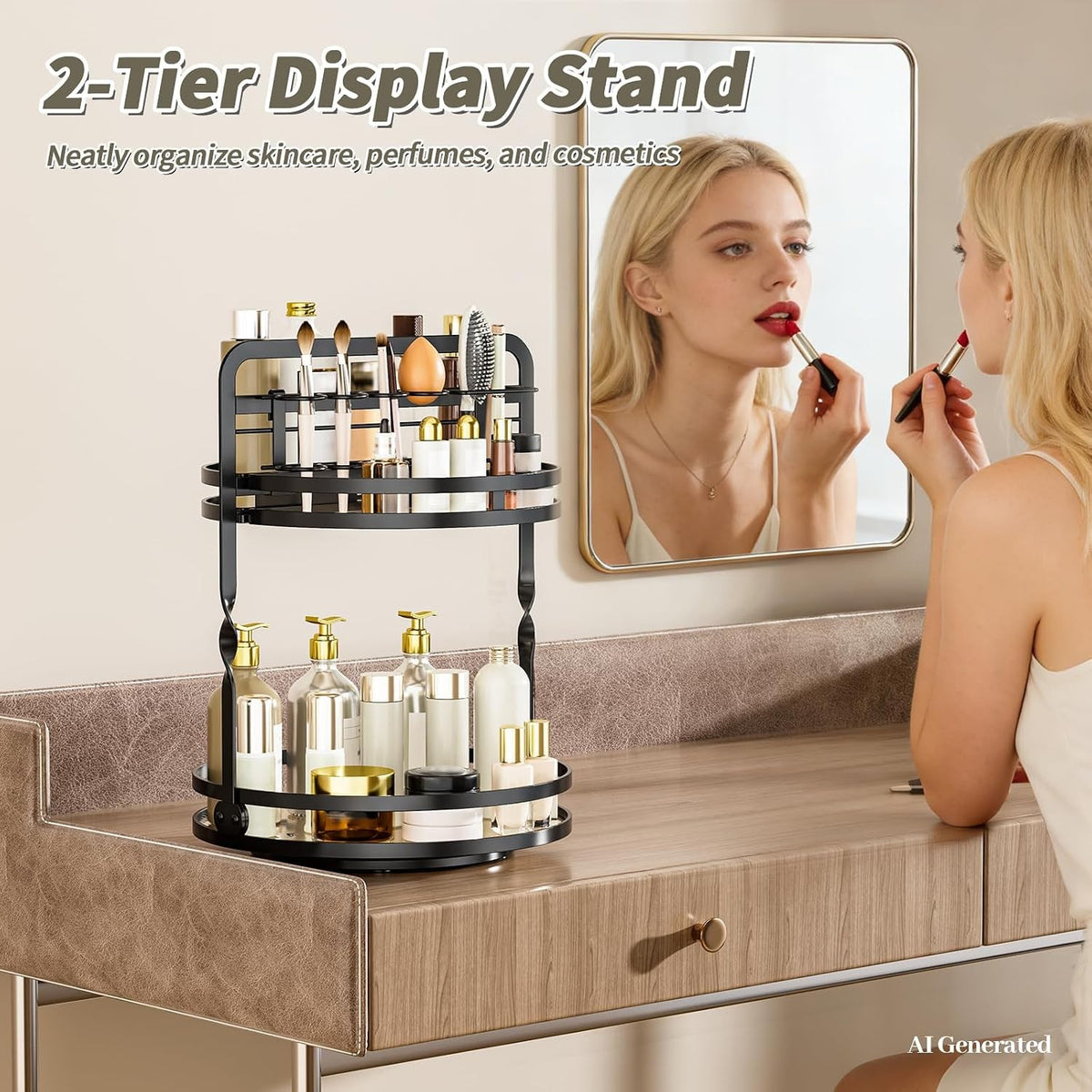 Rotating Makeup Organizer with 2 Tiers for Vanity and Bathroom Storage