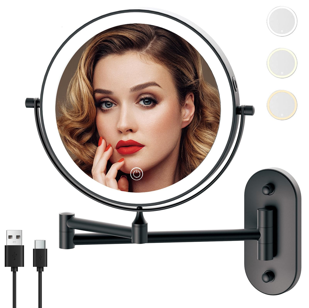 Rechargeable 8 Inch Wall Mounted Lighted Makeup Mirror with 10X Magnification and Dimmable Lighting