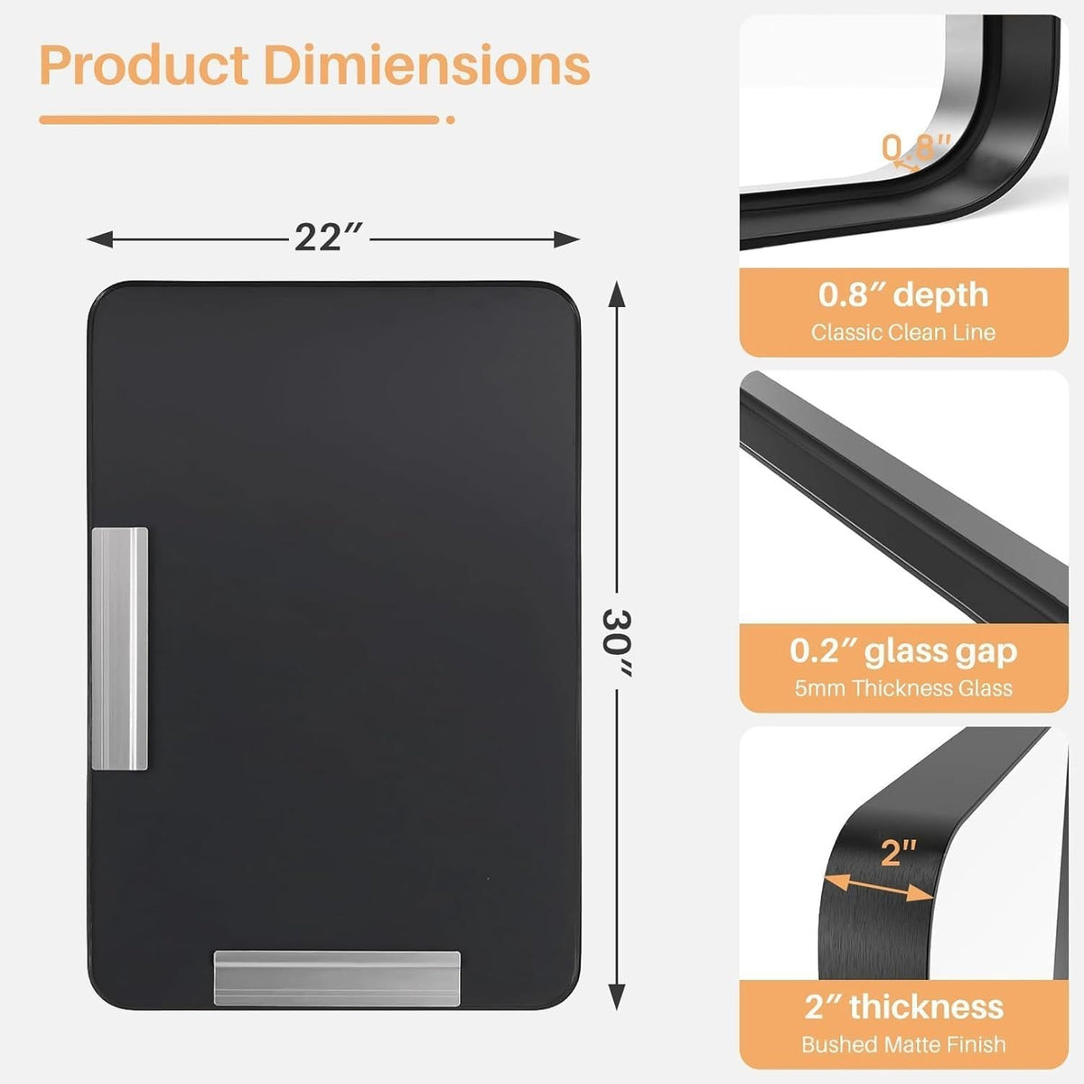 30x22 Inch Matte Black Wall Mirror - Rectangular Bathroom Vanity Mirror with Tempered Glass