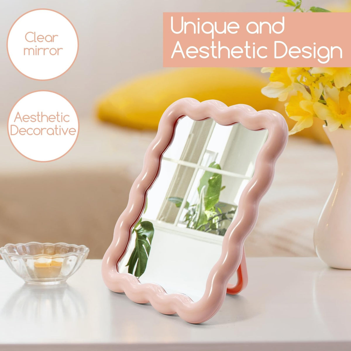 Wave-Shaped Desk Vanity Mirror - Portable Foldable Tabletop Makeup Mirror, Pink