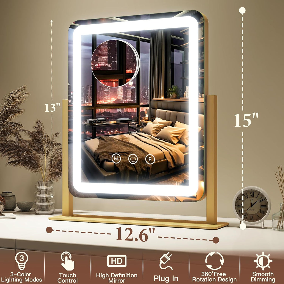 LED Lighted Makeup Mirror with Touch Control, Dimmable 15x12.6 Inches