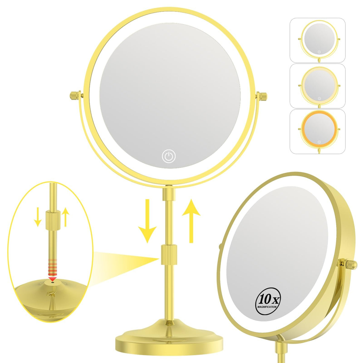 Lighted Makeup Mirror with 1X/10X Magnification, Dimmable & Cordless, 9 Inch Diameter, Rechargeable, Gold