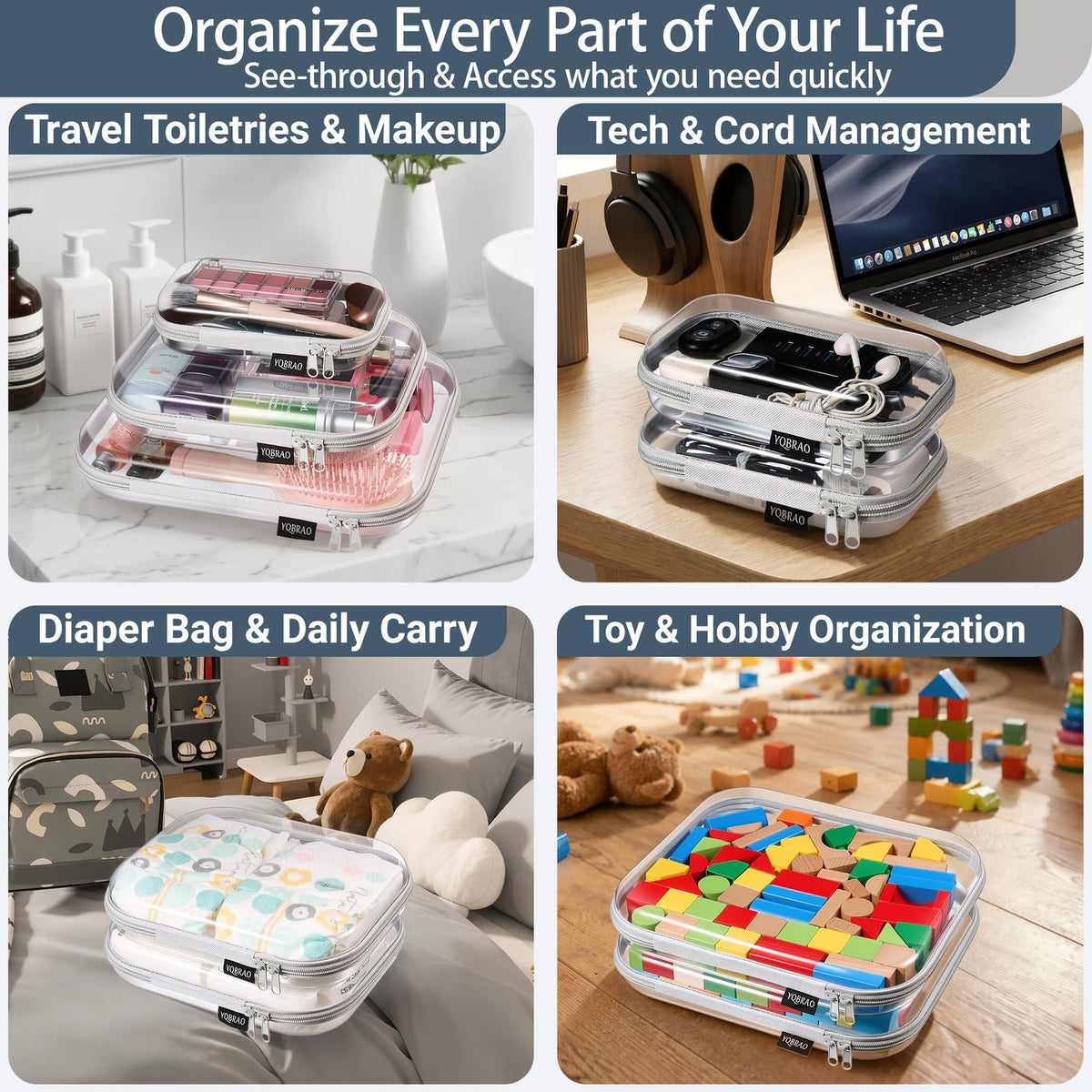 Clear Hard Shell Zipper Organizer Cases Set - Multi-Size Storage Pouches, Grey