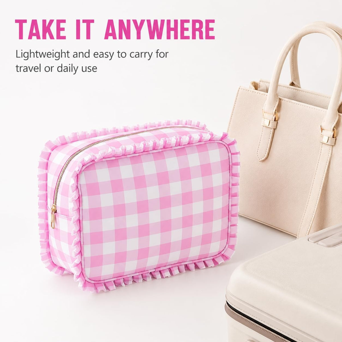 Gingham Ruffle Makeup Bag Set with Mirror and Plaid Design - Pink
