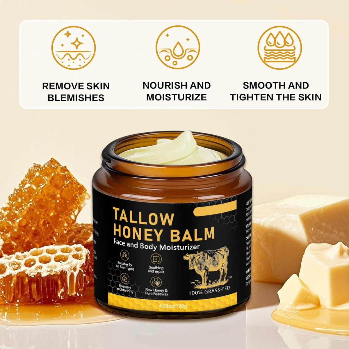 Beef Tallow Balm for Skin allow and Honey Face Organic Grass-fed us