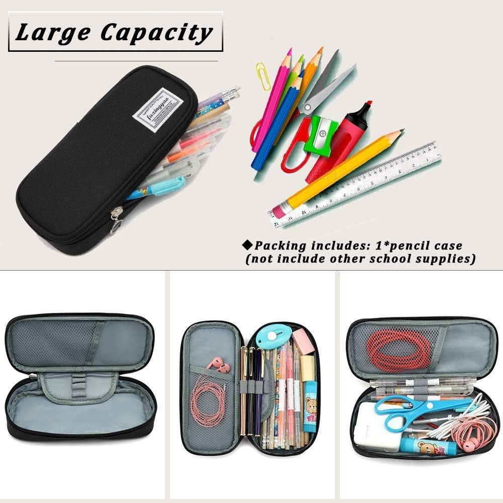 Black Pencil Case with Shoulder Strap - Portable Stationery Organizer