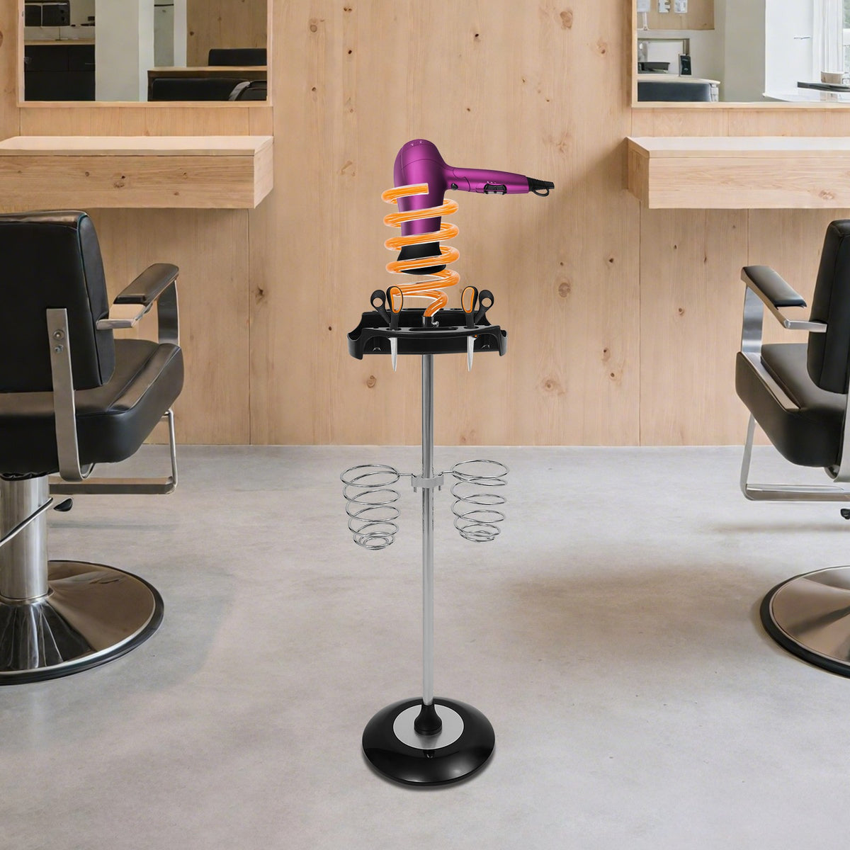 Hair Dryer Stand with Tray and Spiral Holder - Salon Styling Organizer