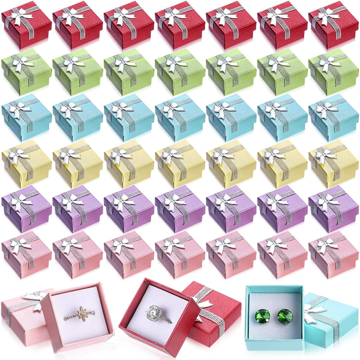 Set of 72 Jewelry Ring Boxes with Colorful Ribbon Bows, 1.6 x 1.6 Inches