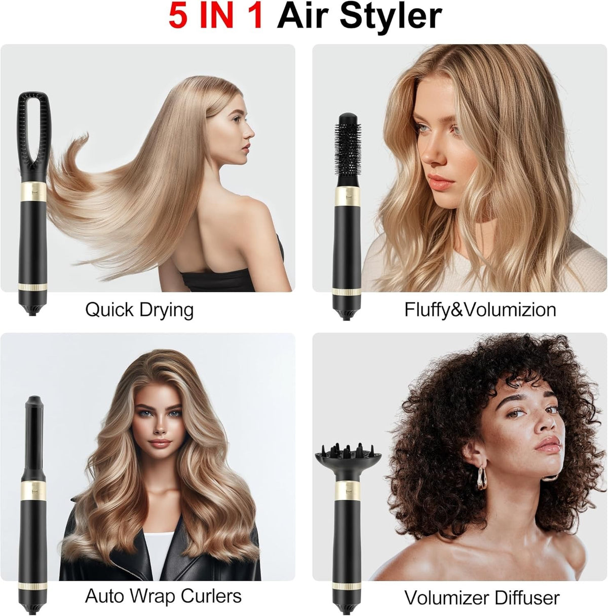 5-in-1 Hair Styler Hot Air Brush Dryer Curling Iron Volumizer