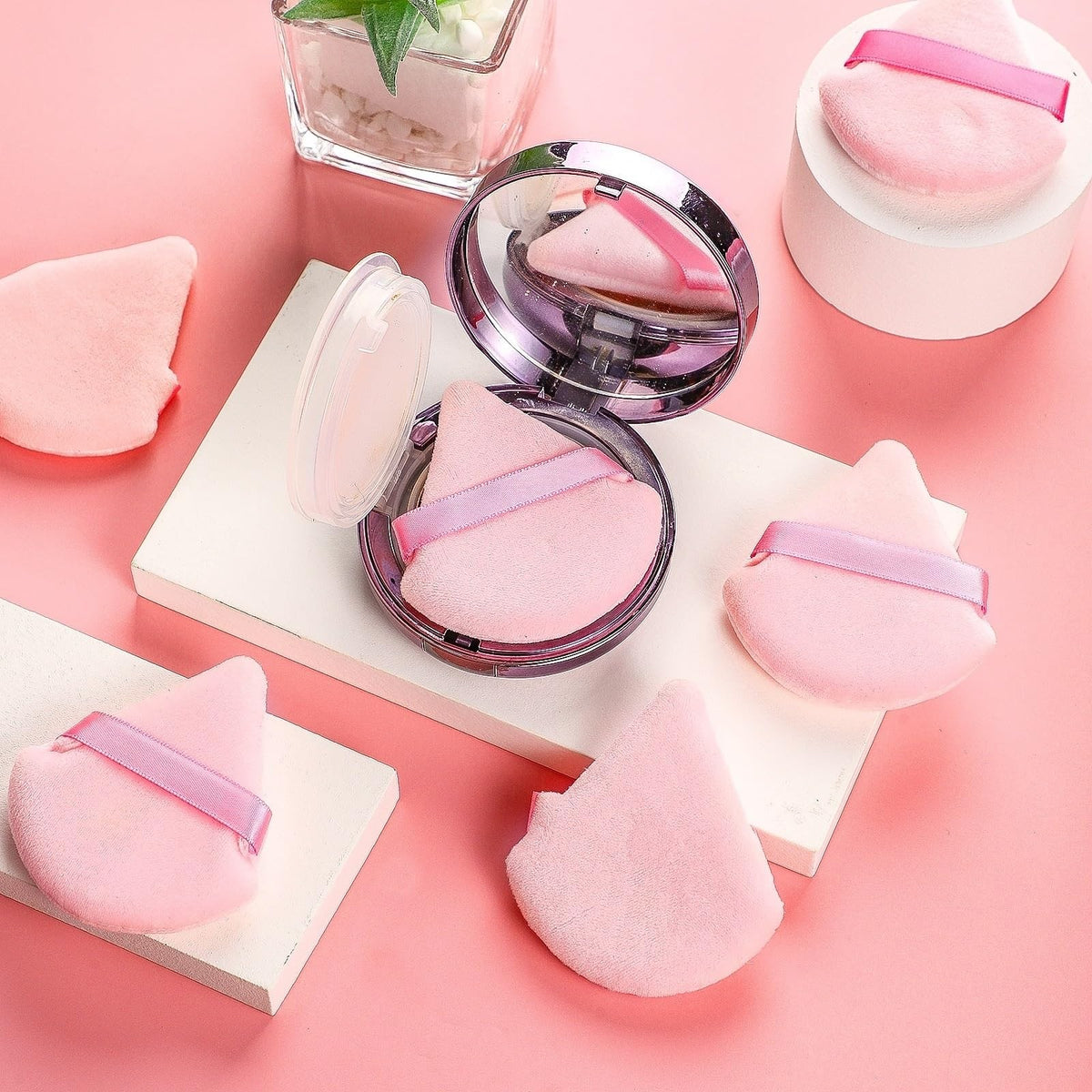 Pink Makeup Powder Puffs Set of 6 - Soft Triangle & Round Design for Face & Body