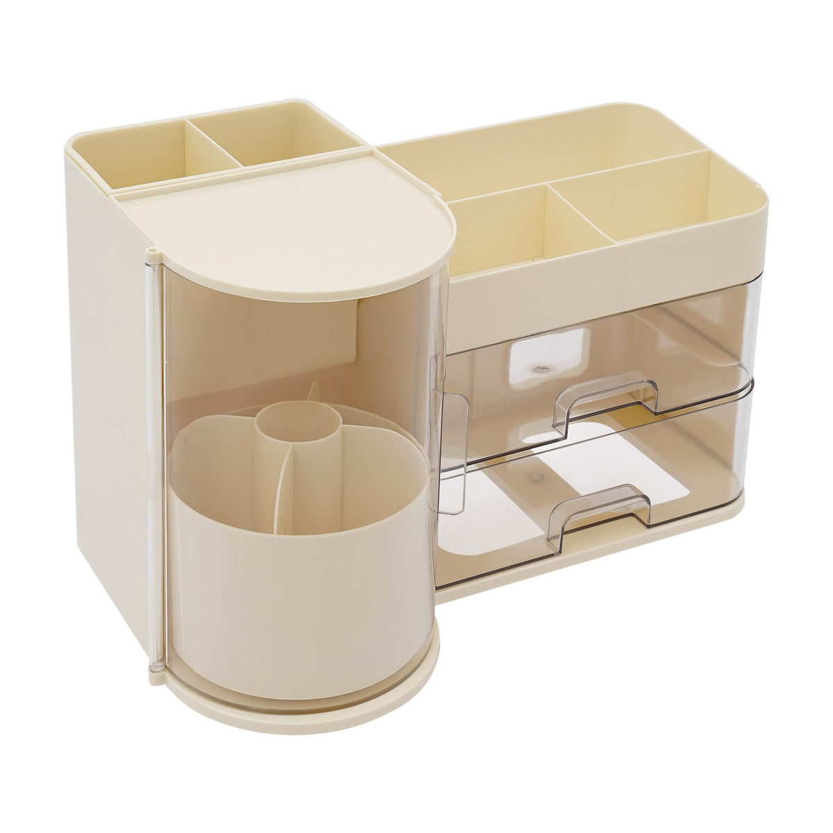 Rotating Makeup Brush Holder with Drawers - Milky White Vanity Organizer