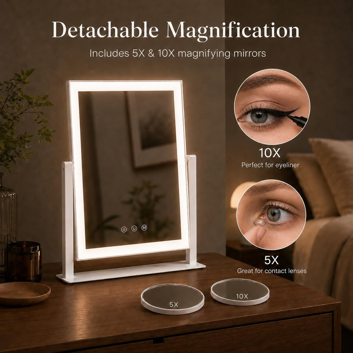 Lighted Makeup Mirror with Dimmable LEDs and Magnifiers - 17.3 x 13 Inches