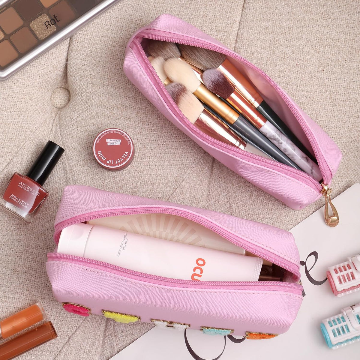 2-Pack Waterproof Makeup Bags Travel Cosmetic Organizer Pouches Pink