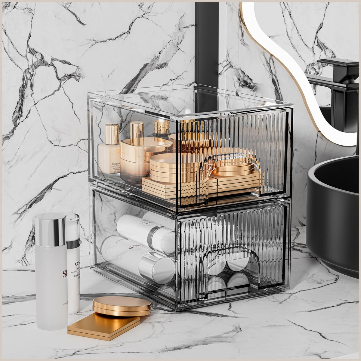 2 Pack Clear Stackable Cosmetic Organizer Acrylic Drawer Storage Bins