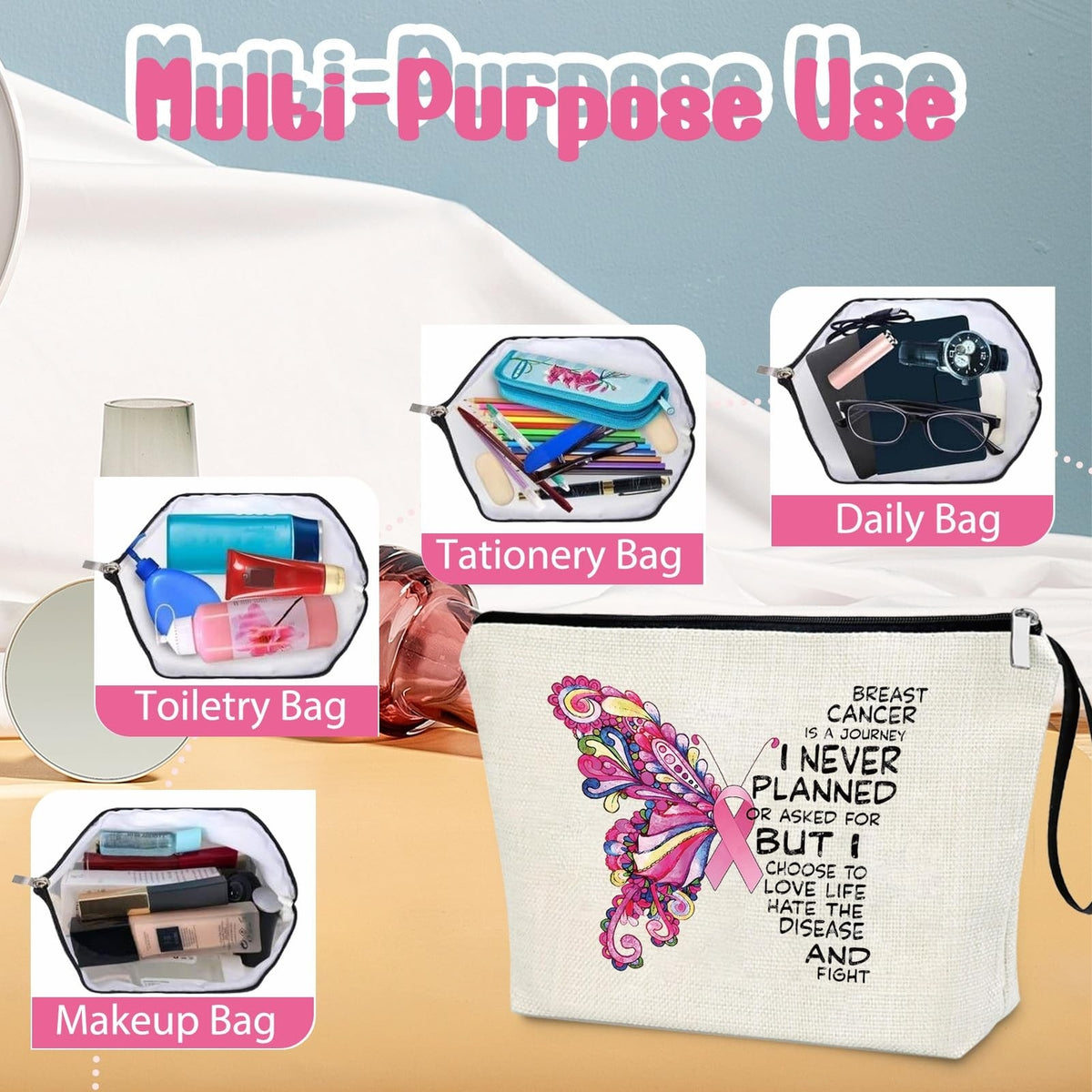 Inspirational Breast Cancer Awareness Makeup Bag for Women - Gift & Survivor Accessory