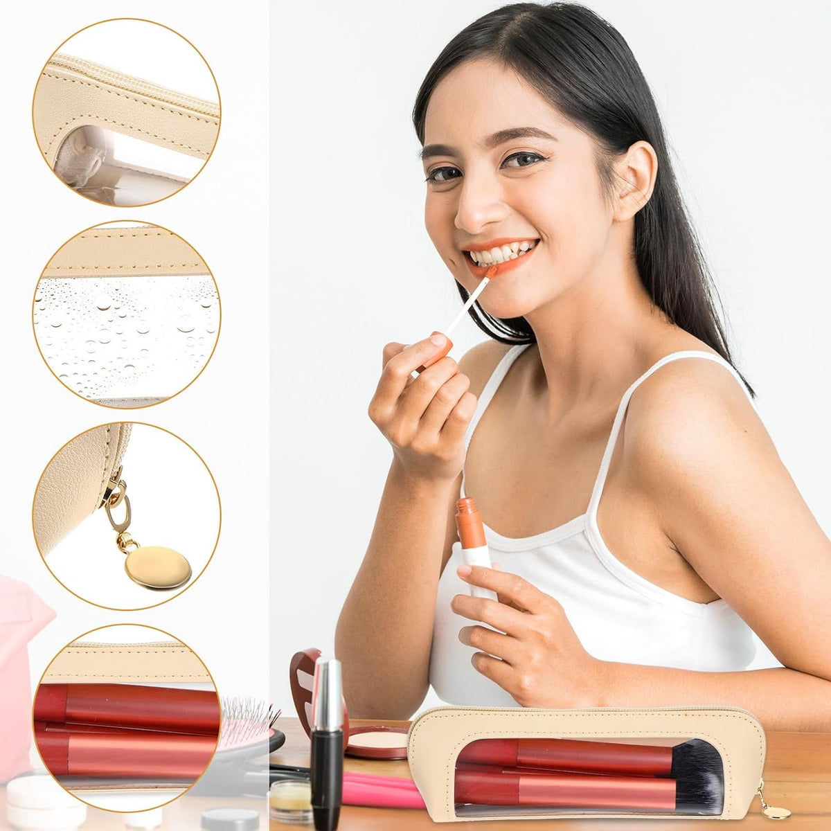 2Pcs Clear Makeup Brush Bag - Portable Transparent Cosmetic Case with Leather Slim Design