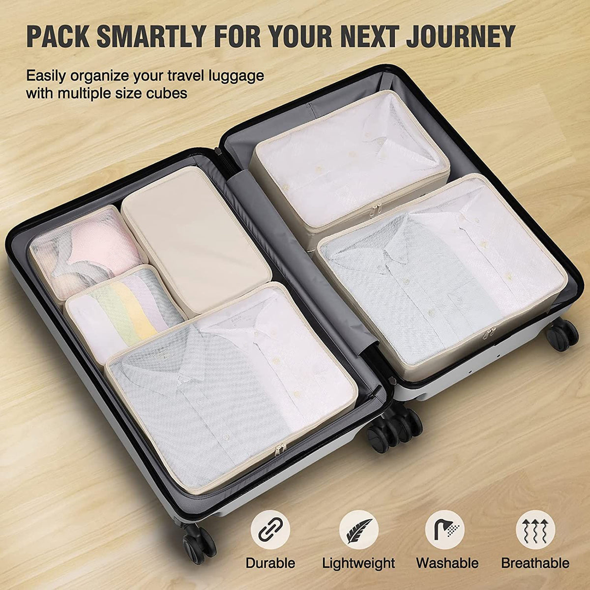 Lightweight Travel Packing Cubes Set with Shoe Bag - 6 Pieces Beige