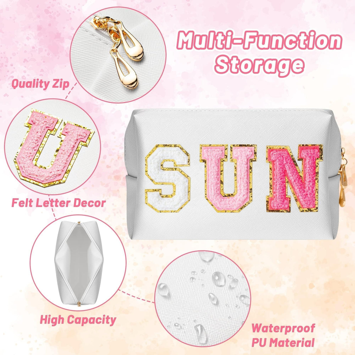 Waterproof Cosmetic Bag for Travel & Makeup Storage - PU Leather, Sun Design
