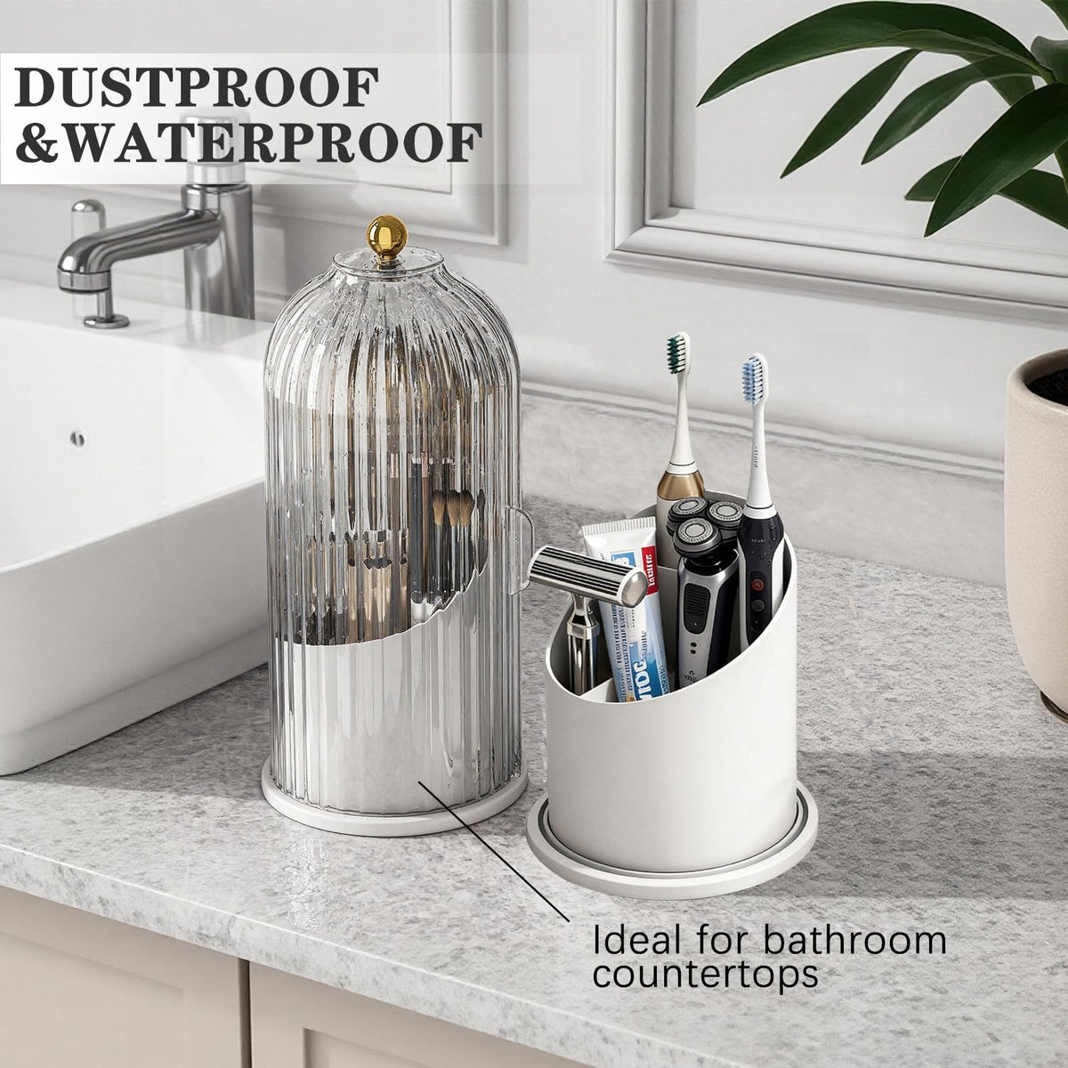Makeup Brush Holder with Lid 3-Compartment Rotating Organizer Dustproof