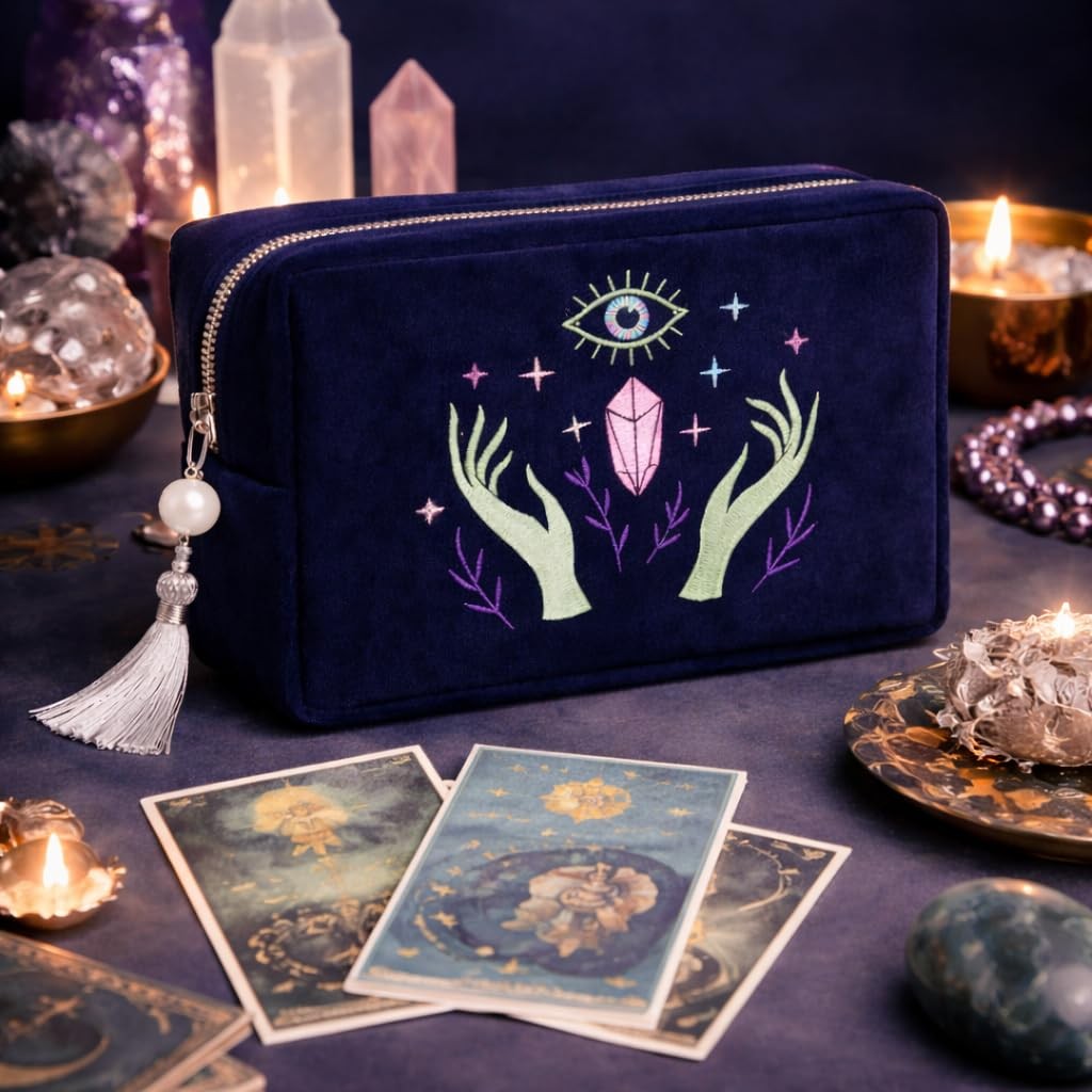 Velvet Tarot Card & Crystal Pouch with Embroidery, Zipper Closure, Gift Idea