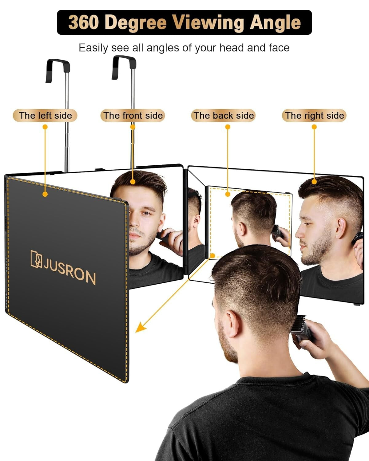 Self Hair Cutting Mirror with 360° Viewing, Anti-Fog HD Glass, Wall & Table Mount