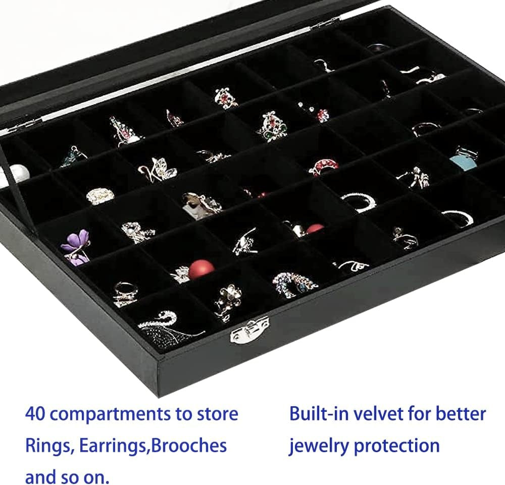 Jewelry Organizer Box with 40 Grid Compartments and Transparent Lid for Earrings and Rings