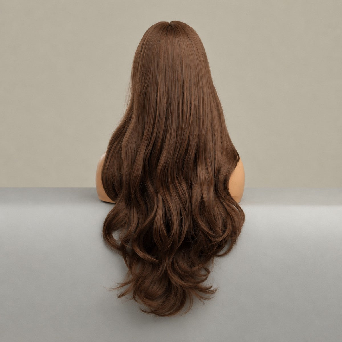 Brown Costume Wig with Bangs - Long Wavy Heat-Resistant Synthetic Hair