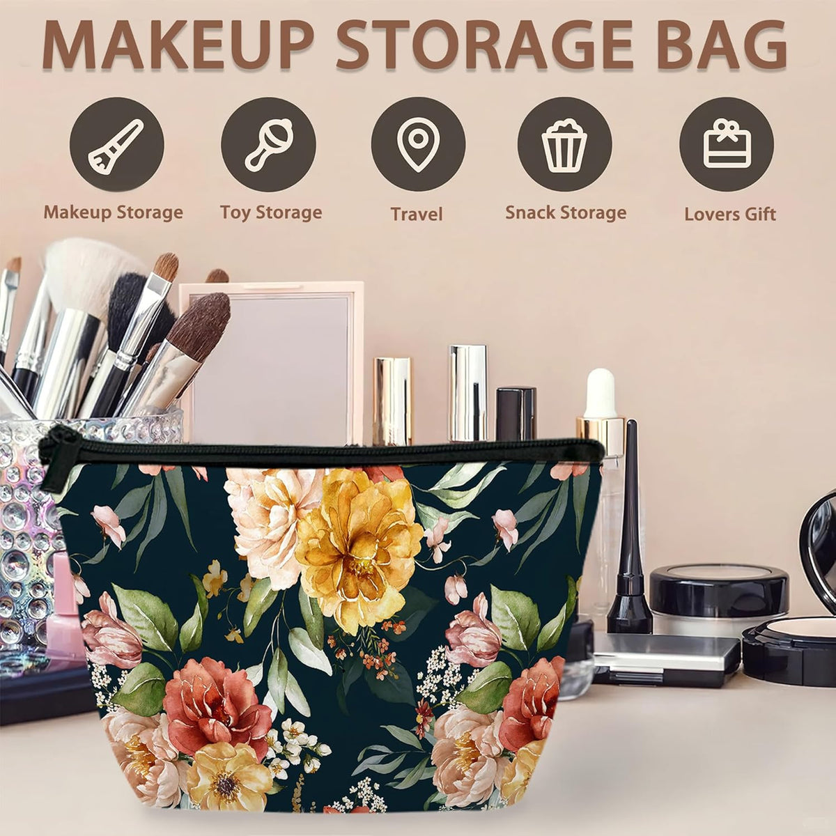 Vintage Pink Flowers Makeup Bag - Travel Cosmetic Bag with Green Leaves, 9.4 x 5.9 x 3.1 in