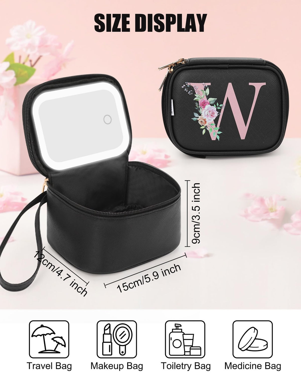 Mini Makeup Bag with LED Mirror - Personalized Initial Cosmetic Organizer for Women