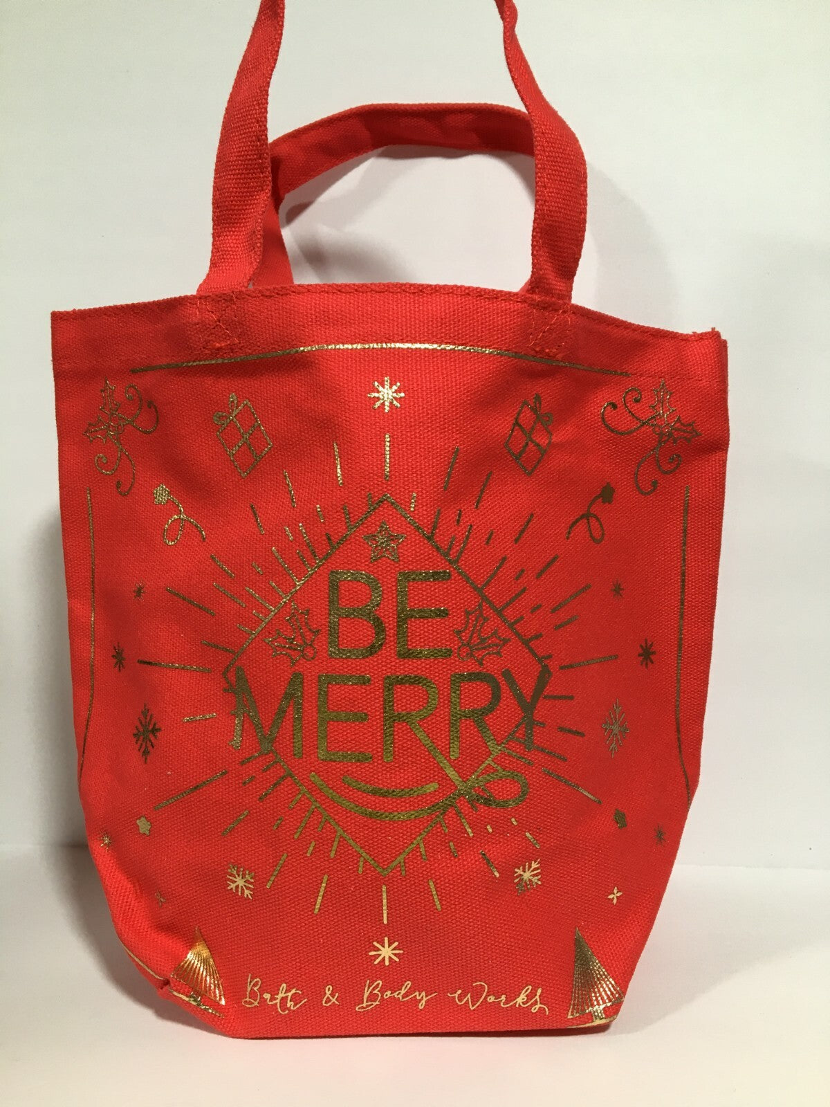 Bath & Body Works Be Merry Canvas Gift Bag - Red & Metallic Gold, 10x12 Inches