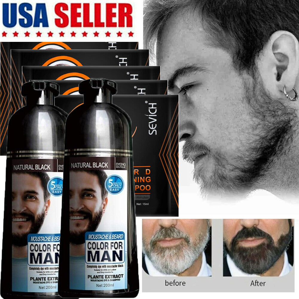 Beard Hair Color Dye Shampoo - Instant Black Darkening