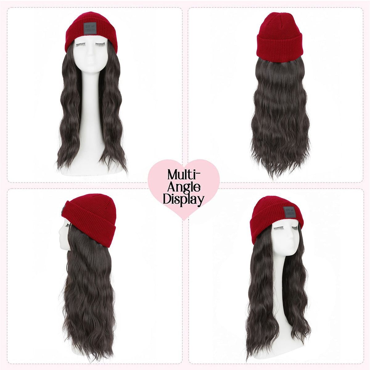 Winter Knit Beanie Hat with Attached Hair for Women - Warm Water Wave Style