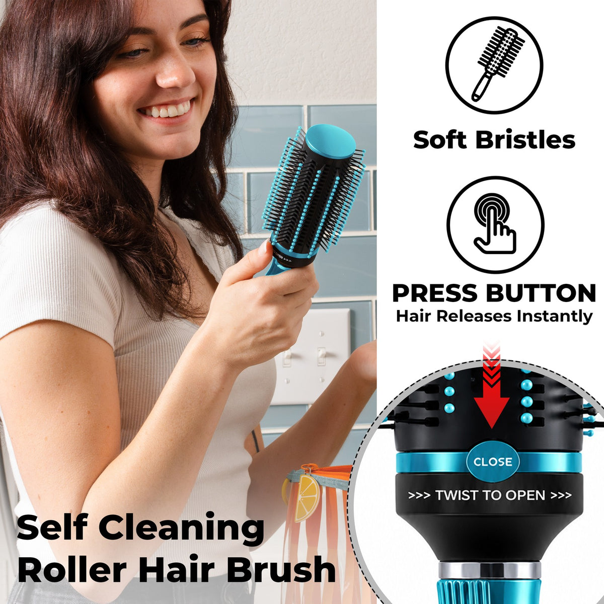 Self-Cleaning Retractable Hair Brush for Women - Blue