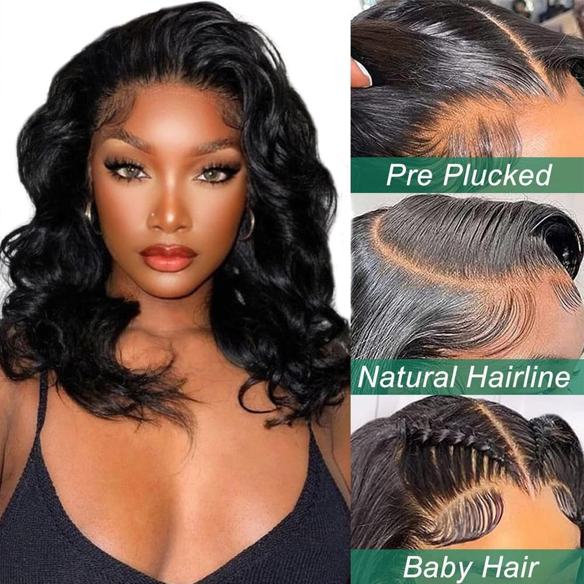 14-Inch Glueless Brazilian Human Hair Bob Wig - Natural Black Wavy Lace Front